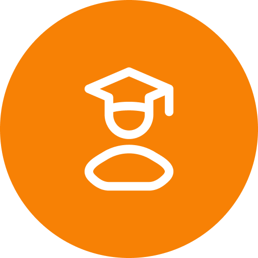 Graduation cap icon on orange background.
