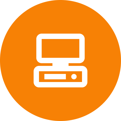 Computer icon on orange circular background.