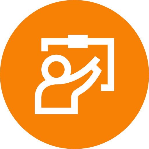 Person presenting icon on orange circle.